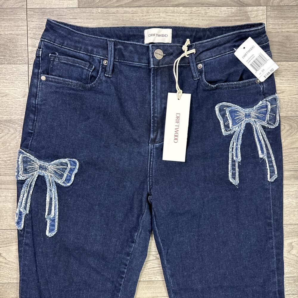 DRIFTWOOD Farrah Flare Denim Jeans Bow Patchwork Applique Dark Wash sz 29 - Picture 3 of 8